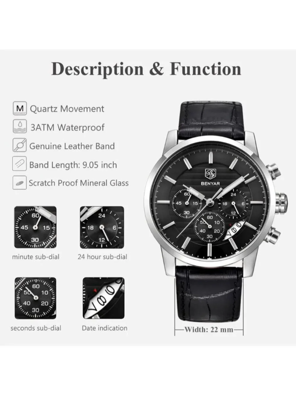 Men's Black Analog Quartz Leather Strap Chronograph Sport Waterproof Wrist Watch